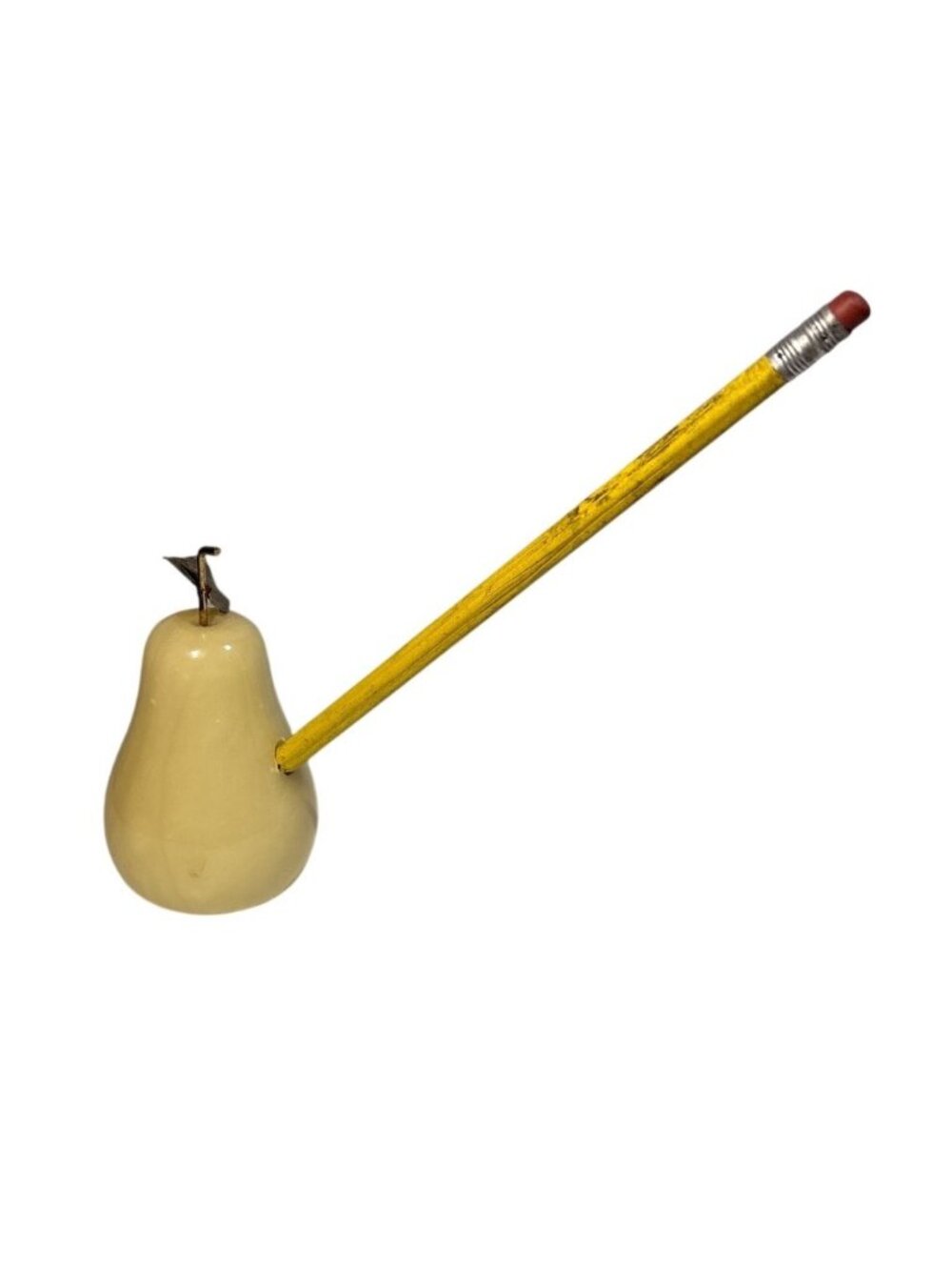 Vintage Italian Marble Pear Paperweight With Brass Leaf & Pencil Holder